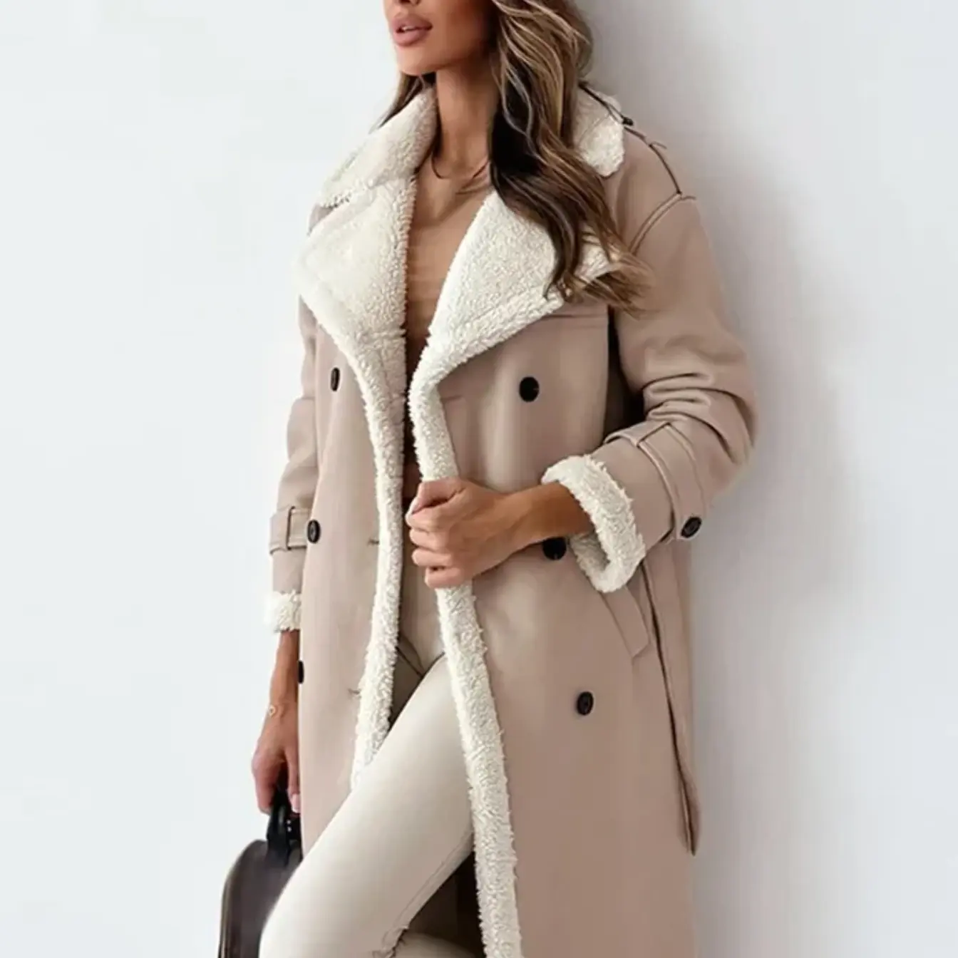 Viano Women’s Long Shearling-Lined Trench Coat - Chic Double-Breasted Winter Overcoat