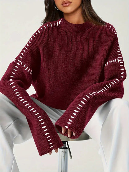 Caroline Women’s Whipstitch Knit Sweater – Contrast Stitch Oversized Pullover
