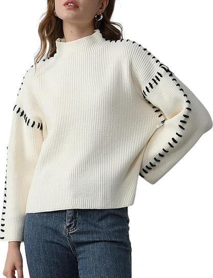 Caroline Women’s Whipstitch Knit Sweater – Contrast Stitch Oversized Pullover