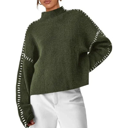 Caroline Women’s Whipstitch Knit Sweater – Contrast Stitch Oversized Pullover
