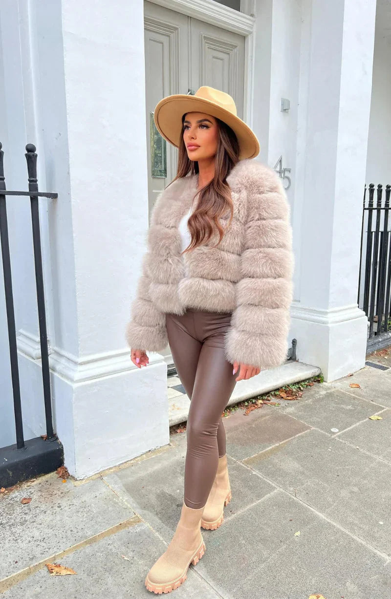 Lione Women’s Faux Fur Puffer Jacket – Short Plush Winter Coat