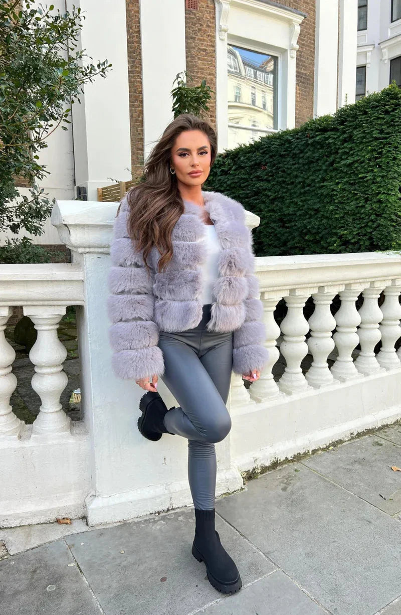 Lione Women’s Faux Fur Puffer Jacket – Short Plush Winter Coat