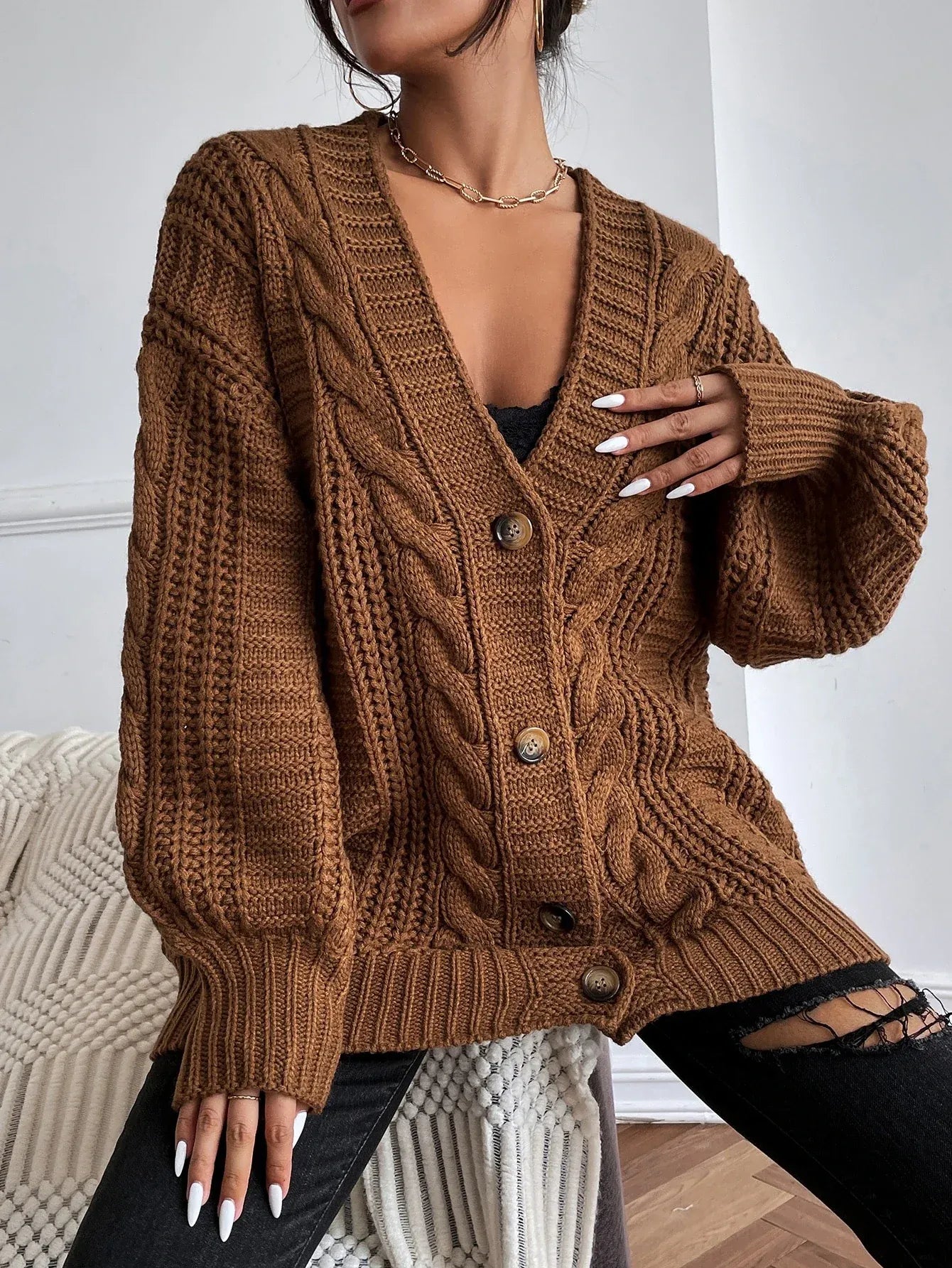 Viana Women’s Oversized Cable Knit Cardigan - Button Front Sweater
