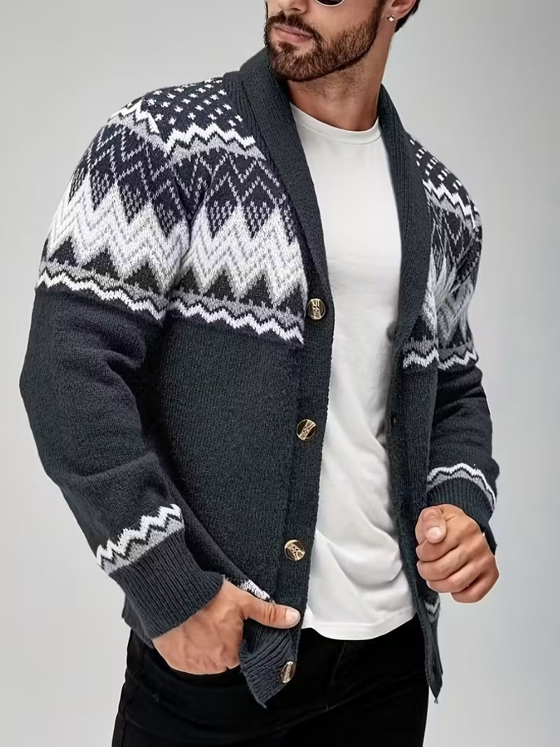 Lucas Men’s Nordic Knit Button Cardigan - Shawl Collar Winter Sweater