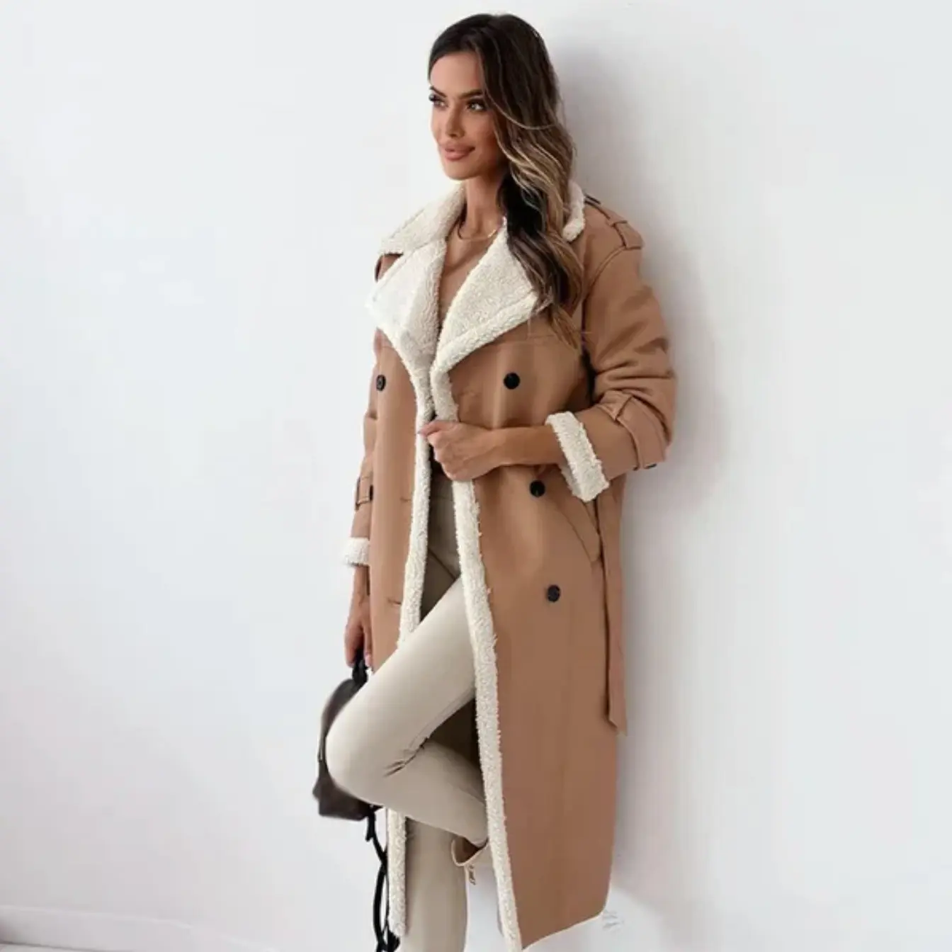 Viano Women’s Long Shearling-Lined Trench Coat - Chic Double-Breasted Winter Overcoat