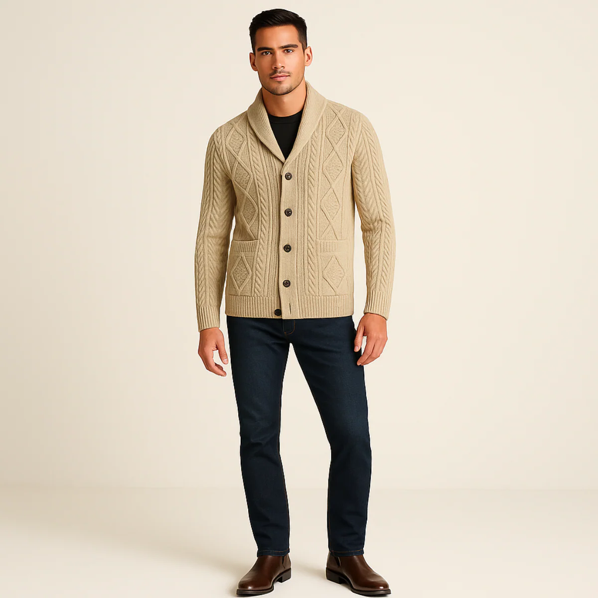 Jasper Men’s Cable-Knit Shawl Collar Cardigan - Classic Button-Up Sweater