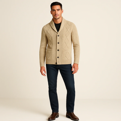 Jasper Men’s Cable-Knit Shawl Collar Cardigan - Classic Button-Up Sweater