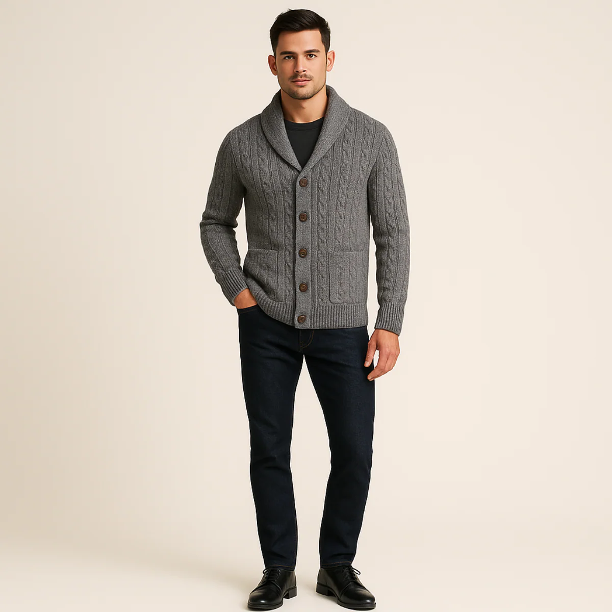 Jasper Men’s Cable-Knit Shawl Collar Cardigan - Classic Button-Up Sweater