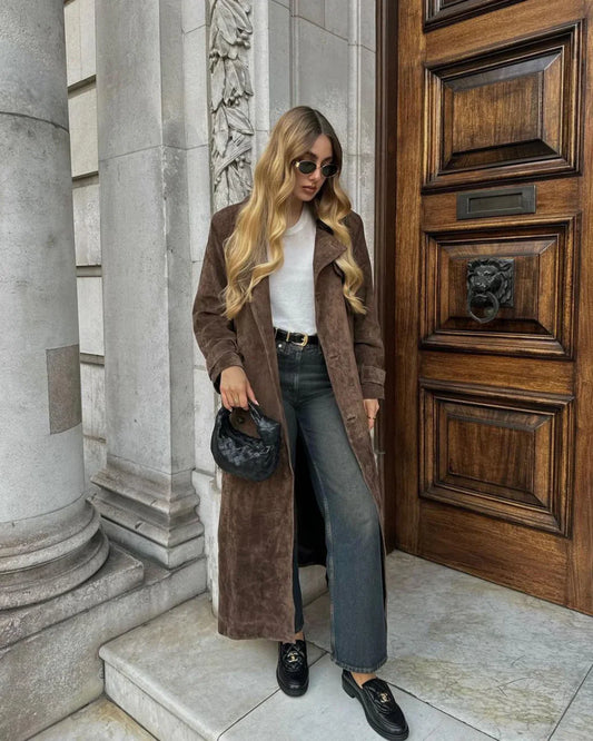 Viana Women’s Suede Trench Coat – Double-Breasted & Self-Tie Waist